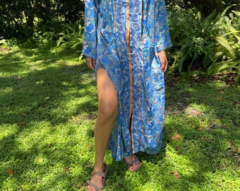 Womens Blue Silk Kaftan Tunic Dress, Handmade Fall Maxi Dresses, Boho Summer Beach Casual Long Tunic Dresses L/XL