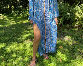 Womens Blue Silk Kaftan Tunic Dress, Handmade Fall Maxi Dresses, Boho Summer Beach Casual Long Tunic Dresses L/XL