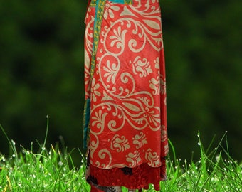 Womens Wrap Skirt, Maxi Wrap Skirts, Red Floral Skirt, Beach Cover Up, Silk Sari Magic Wrap Around Skirts, One size