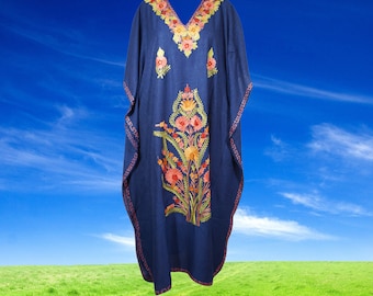 Women's Kaftan Maxi Dress, Navy Blue Beach holidays, Lounger, Cotton Embroidered Handmade Caftans, Oversize L-2XL One Size