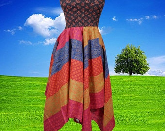 Womens Hanky Skirt, Patchwork Casual Bohemian Dress, Patchwork Hippie Dress, Ruched Waist S/M