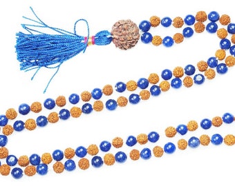 Blue Lapiz Lazuli Healing Mala, Rudraksha Mala Yoga Necklace, Stone tassel necklace, 108 Beads Mala, Rudraksha Mala beads