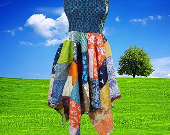 Women’s Boho Patchwork Sundress, Summer Patchwork Dress, Hippie Dress Cotton Blue Beach Tube Dresses S/M