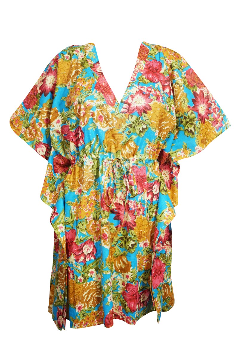 Kaftan Dresses One size L-3XL Blue Gold Floral Kaftan Womens Tunic Caftan Dress Resort Wear Cotton Beach Cover Up