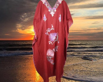 Women's Kaftan Maxi Dress, rufous red Boho Maxi Dress, Beach holidays, Lounger, Cotton Embroidered Caftans, Oversize L-2XL One Size