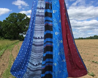 Womens Flared Maxi Skirt, Blue Dori Skirts, Fall, Summer Boho Patchwork Long Skirt, Handmade, Hippe, Midi Skirts S/M/L