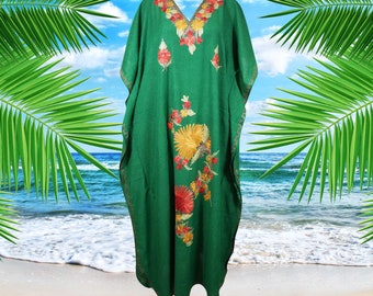 Women's Travel Maxi Kaftan Dress, Boho Maxi Dresses, Forest Green Maxi Dress, Gift, Cotton Hand Embroidered Caftans Dress L-3XL One Size