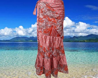 Women Ruffle Wrap Skirt, Tiered Maxi Wrap Skirts, Red Pink Paisley Printed Beach Skirt, Sari Wrap Skirt, Gypsy Skirt One size