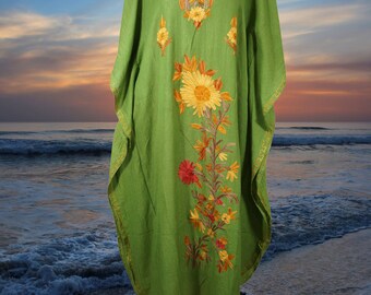 Women's Boho Maxi, Fern Green Beach Caftan, Cruise Maxi, Lounger, Cotton Maxidress, Embroidered Kaftans, Resort Wear, One size, L-2XL