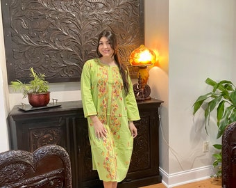 Womens Long Tunic Dress, Parrot Green Hand Embroidered Kurti Kaftan, Beach Resort Maxi Dress, Cotton Summer Casual Tunic Maxi Dresses M