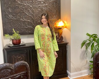 Womens Long Tunic Dress, Parrot Green Hand Embroidered Kurti Kaftan, Beach Resort Maxi Dress, Cotton Summer Casual Tunic Maxi Dresses M