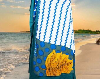 Womens Wrap Skirt, Blue White Beach Cover Up Floral Two Layer Silk Sari Magic Wrap Around Skirts, Travel Fashion One size