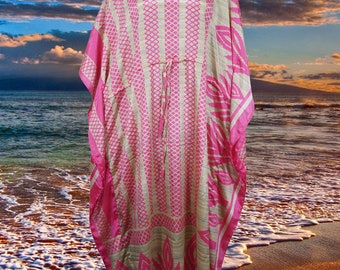 Boho Maxi Kaftan Pink, Beige Paisley Stylish Caftan Housedress Beach Coverup Summer Boho Caftan Expecting Moms, Resort, Cruise Caftan L-2X