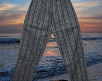 Boho Chic Cotton Pants, Gray Stripe Stonewashed Unisex Yoga Pant Elastic Waist Comfy Pants With Pockets S/M
