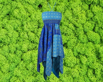 Womens Summer Boho Beach Dress, Halter Dresses, Printed Blue Recycled Silk Dress, Summer Travel Dresses S/M