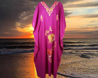 Womens Kaftan Dresses, Boho Maxidress, Purple Hand Embroidered Caftan, Maxi Dresses, Boho Lounger Loose Flowy Dress Caftan One Size L-3XL