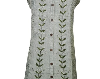 Enzyme Wash Gray Embroidered Sleeveless Dress Scoop Neck Button Front Boho Chic Summer Dresses XS