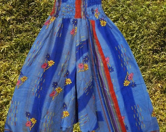 Harem pants, Hippie Yoga Pants, Blue Red Floral Print, Smocked Waist, Drop Crotch Pants, Boho , Gypsy Pant S/M/L