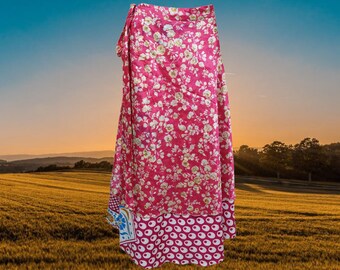 Womens Beach Long Wrap Skirt, 2 Layer Skirts, Pink White Printed Sari Skirt, Beach Wear, Handmade, Travel, Reversible Wrap Skirts One Size