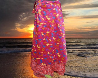 Womens Beach Wrap Skirt, 2 Layer Skirts, Pink Printed Sari Skirt, Resort Wear, Valentine gift, Reversible Wrap Skirts, One Size