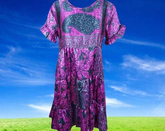 Cocktail Dress, Purple, Paisley Boho Dress, Recycle Silk, Wedding Guest, Dresses for women - Summer Boho Dress, Daydress, M