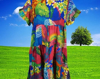 Multicolor Floral Dress, Beach Boho Dress, Recycle Silk, Summer, Short Dresses for women - Flutter Sleeve Daydress, M
