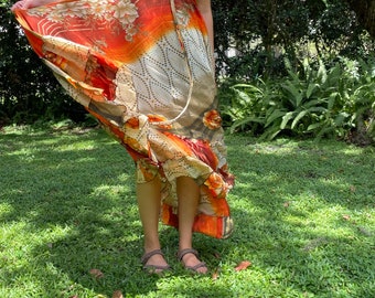 Womens Fall Maxi Dresses, Deep V Shimmering Orange Recycled Silk Dress, Strapdress, Boho Hippy Stylish Summer Travel Dress ML