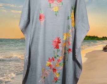 Kaftan For Womens, Gray  Short Dress, Valentine Gift For Her, Cotton Embroidered Dresses Floral Caftan Party Wear Crepe Boho Kaftan, L-2X