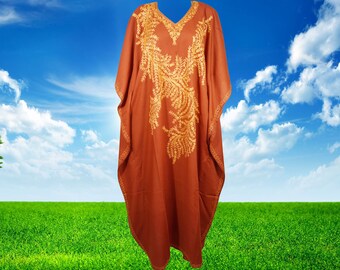 Women's Kaftan Maxi Dress, GIFT, Orange Boho Maxi Dress, Lounger, Cotton Floral Embroidered Caftans, Plus size L-2XL One Size