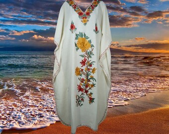 Womens Maxi Kaftan Dress, White Embroidered Kaftan Dress, Handmade Gift, Cotton Loose Dress, Travel Kaftan Dresses, Caftans L-2XL