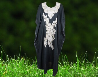 Women's Kaftan Maxi Dress, GIFT, Black Boho Maxi Dress, Lounger, Cotton Floral Embroidered Caftans, Plus size L-2XL One Size