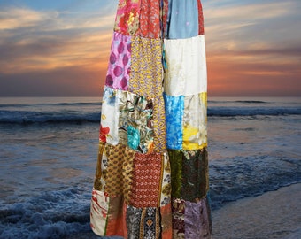 Boho Beachy Maxi Skirts, Patchwork Skirt, Handmade, Gypsy Skirt, Festival, Bohemian Skirt, Recycle Silk, Long Boho Skirt S/M/L