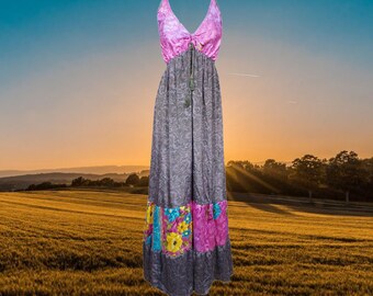 Womens Maxidress FABULOUS MAUVE Handmade Recycled Silk Dress, Boho Holidays Travel Maxi Dresses S/M/L