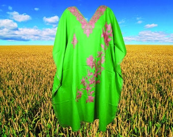 Womens Midi Kashmiri Kaftan Dress, Green Floral Embroidery Caftan for Summers, Relaxed Top One Size, L-4XL