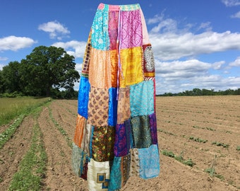 Womens Handmade Maxi Skirts, Boho Patchwork Long Island Long Skirt, Recycle Recycle Silk Colorful Long Skirts S/M/L