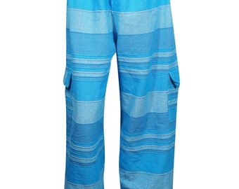 Women's Yoga Pant, Hippie Blue Handloom Cotton Bohemian Beach Lounge Pajama S/M
