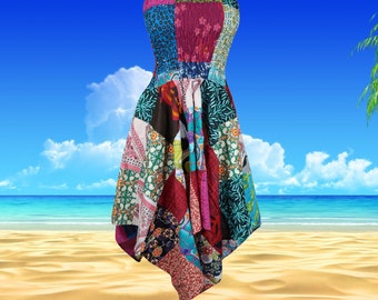 Womens Bohemian Dress, 2 in 1 Colorful Hi low Skirt, Patchwork Hippie Dress, Organic Texture, Cotton Beach Tube Dresses S/M
