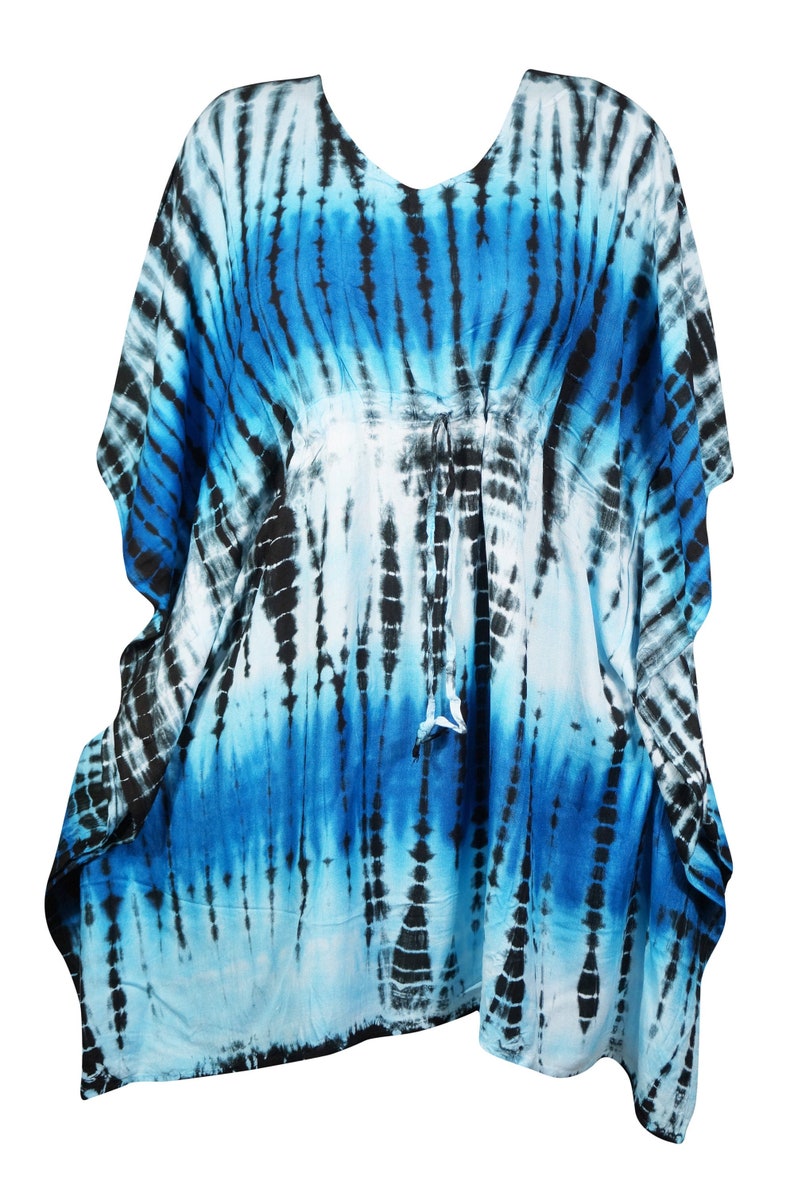Tie Dye White Blue Caftan Tunic Cover Up Resort Wear Tunic Dress One size M-2X Womens Caftan Dress Knee Length Short Kaftan Dresses