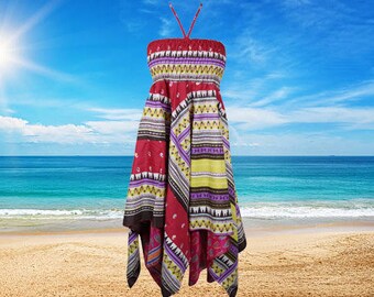 Women's Floral Halter Dress, Red Yellow Bohemian Recycled Summer Travel 2 Layer Beach Handmade Sundress S/M