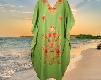 Women's Kaftan Maxi Dress, Handmade Gift, Fern Green Beach Holidays Caftan, Lounger, Cotton Embroidered Caftans, One size L-2XL