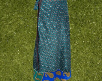 Womens Sari Wrap Skirt, Blue Wrap Around Long Wrap Sari Skirt, Indian Vintage Silk Sari Wrap Skirt, Boho Reversible Skirt, One size