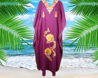 Womens Caftan Dress, Handmade Purple Floral Embroidered Kaftan Dress, Oversized Loose Stylish Maxi Kaftan Dresses. One size, L-3XL