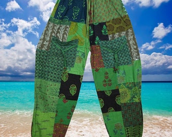 Boho Hippie Patchwork Pants, Front pockets, Cotton Green Baggy Trouser, Hippie Pants, Boho Pants, Stonewashed Travel Pant S/M/L