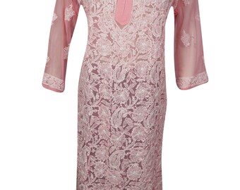 Beautiful Pink Long Tunic Dresses Beach Boho Resort Wear Floral Silk Embroidery Long Sleeves Georgette Chikankari Kurti Dress M