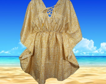 Womens Beach Caftan Dress, Golden Printed Kaftan, Travel Boho Dress, Recycle Silk, M-XL One Size