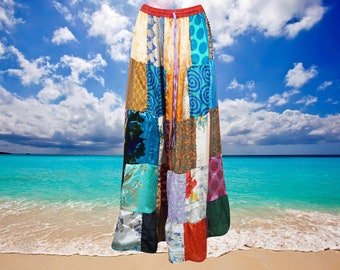 Womens Maxi Skirt, Catalina Blue Festive Patchwork Vintage Retro Maxi Flared Skirts, Recycle Silk Casual Comfy Travel Skirt S/M/L