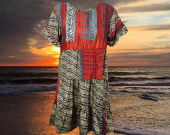 Boho Shift Dress, Terracotta Red, Loose, Beach, Recycle Silk Dress, Floral Handmade Summer, Resort, Daydress, Short Dresses M