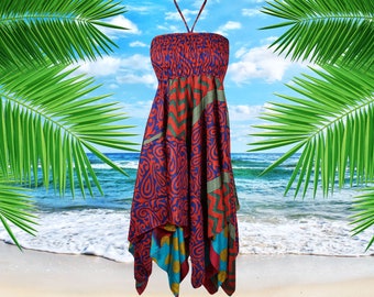 Women's Floral Halter Dress, Blue Pink Bohemian Recycled Summer Travel 2 Layer Beach Handmade Sundress S/M