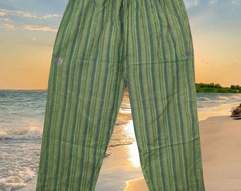 Unisex Yoga Pant, Boho Chic Cotton Pants, Green Stripe Stonewashed Elastic Waist Comfy Pants With Pockets S/M