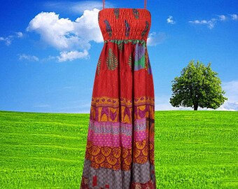 Women Travel Maxi Dress, Sari Silk Red Handmade Party Evening Dress, Summer Beach Wear Dress, Holiday Dress Festival Dress, Hippie Dress S/M